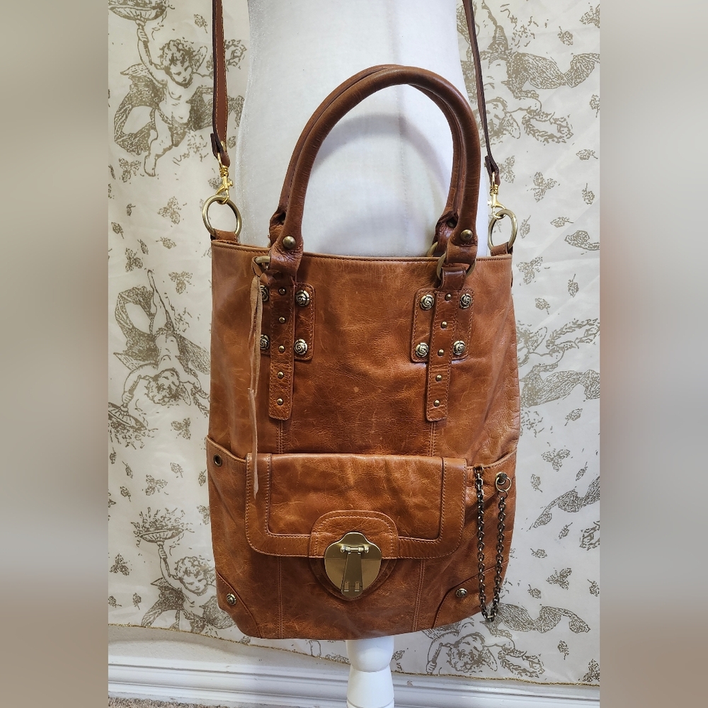 Rough Roses brown Leather satchel bag shoulder strap and dust bag NWOT